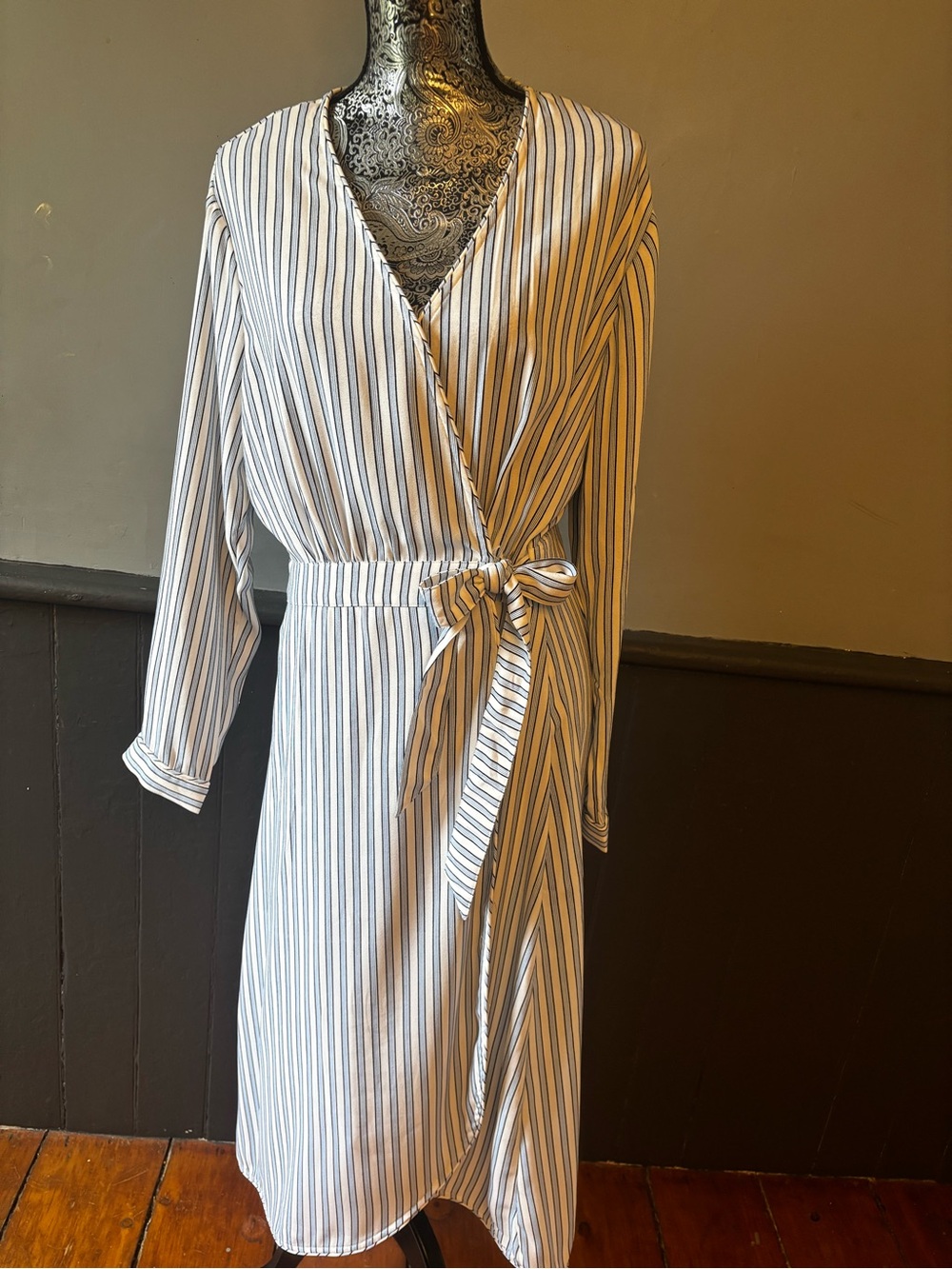 Time and Tru Blue and White Striped Midi Wrap Dress